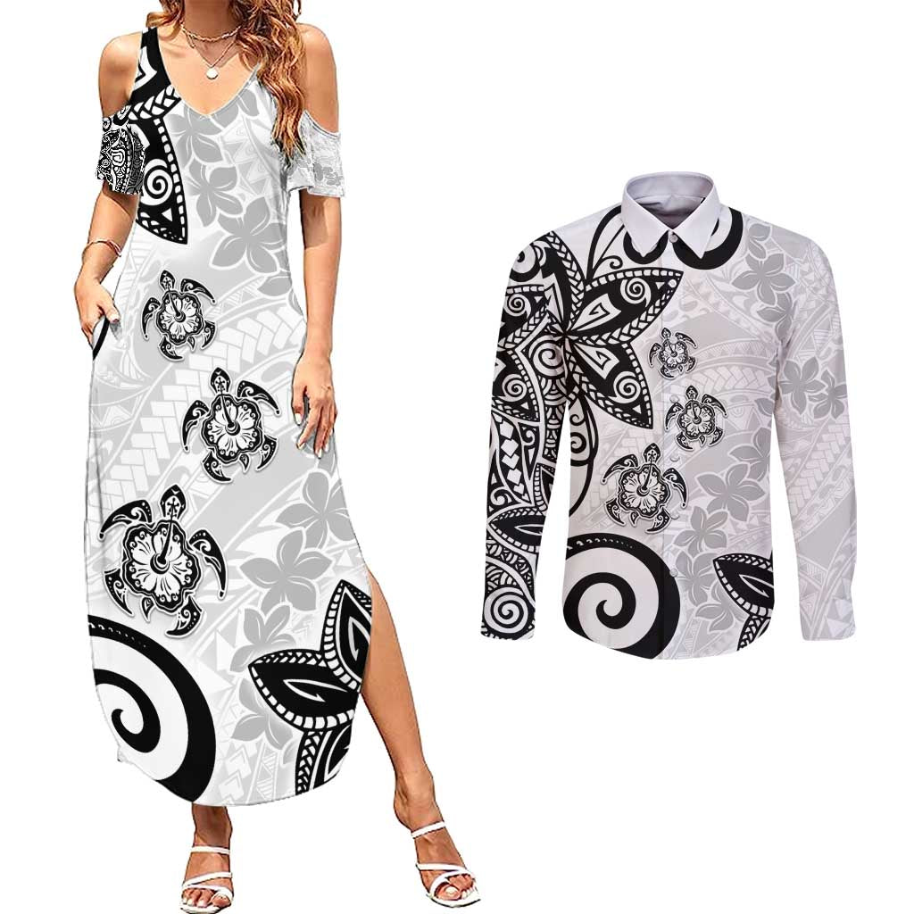 Polynesia Couples Matching Summer Maxi Dress and Long Sleeve Button Shirt White Tribal Turtle Floral Pattern LT05 White - Polynesian Pride