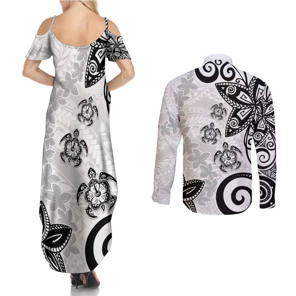 Polynesia Couples Matching Summer Maxi Dress and Long Sleeve Button Shirt White Tribal Turtle Floral Pattern