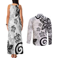Polynesia Couples Matching Tank Maxi Dress and Long Sleeve Button Shirt White Tribal Turtle Floral Pattern