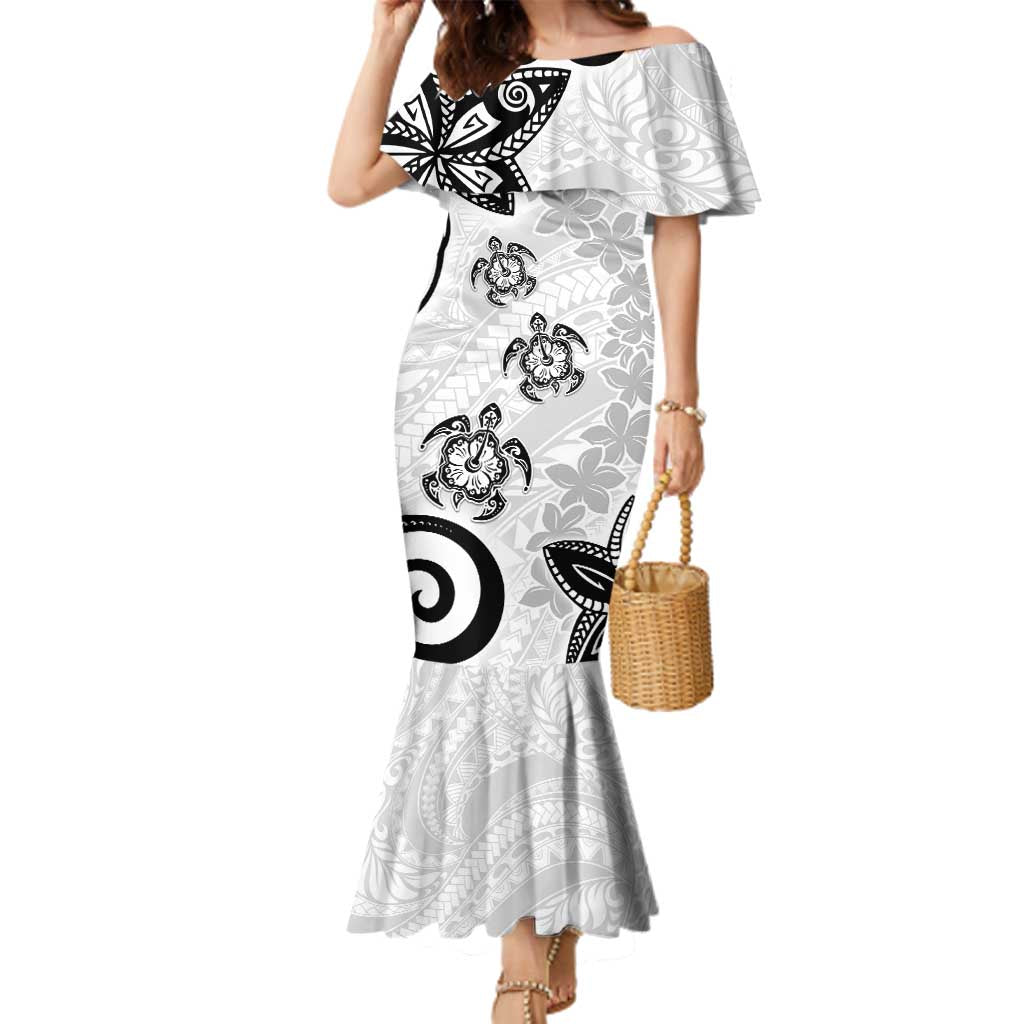 Polynesia Family Matching Mermaid Dress and Hawaiian Shirt White Tribal Turtle Floral Pattern