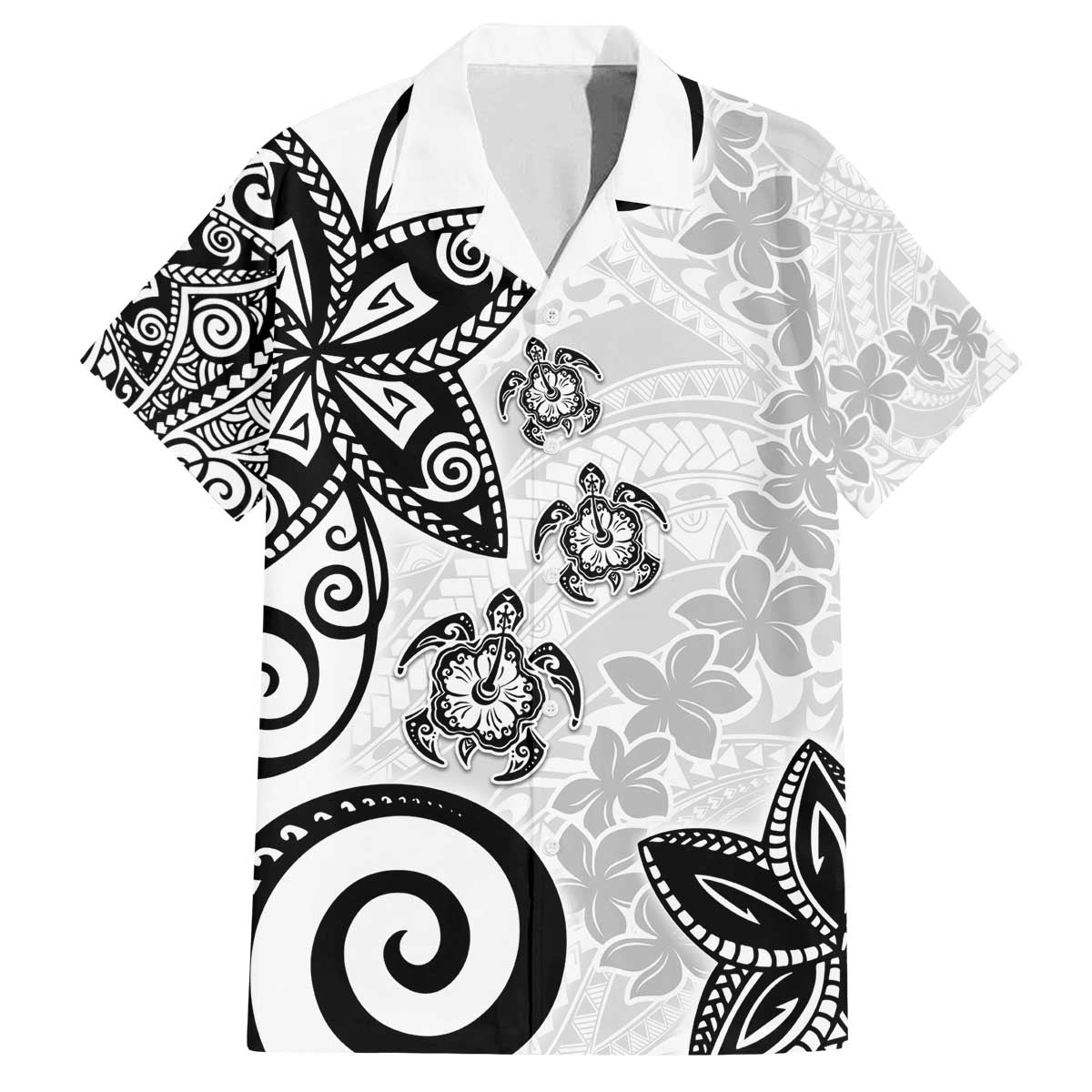 Polynesia Family Matching Off The Shoulder Long Sleeve Dress and Hawaiian Shirt White Tribal Turtle Floral Pattern