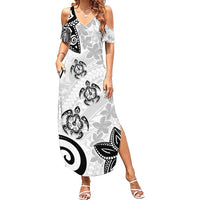 Polynesia Family Matching Summer Maxi Dress and Hawaiian Shirt White Tribal Turtle Floral Pattern LT05 Mom's Dress White - Polynesian Pride