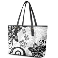 Polynesia Leather Tote Bag White Tribal Turtle Floral Pattern