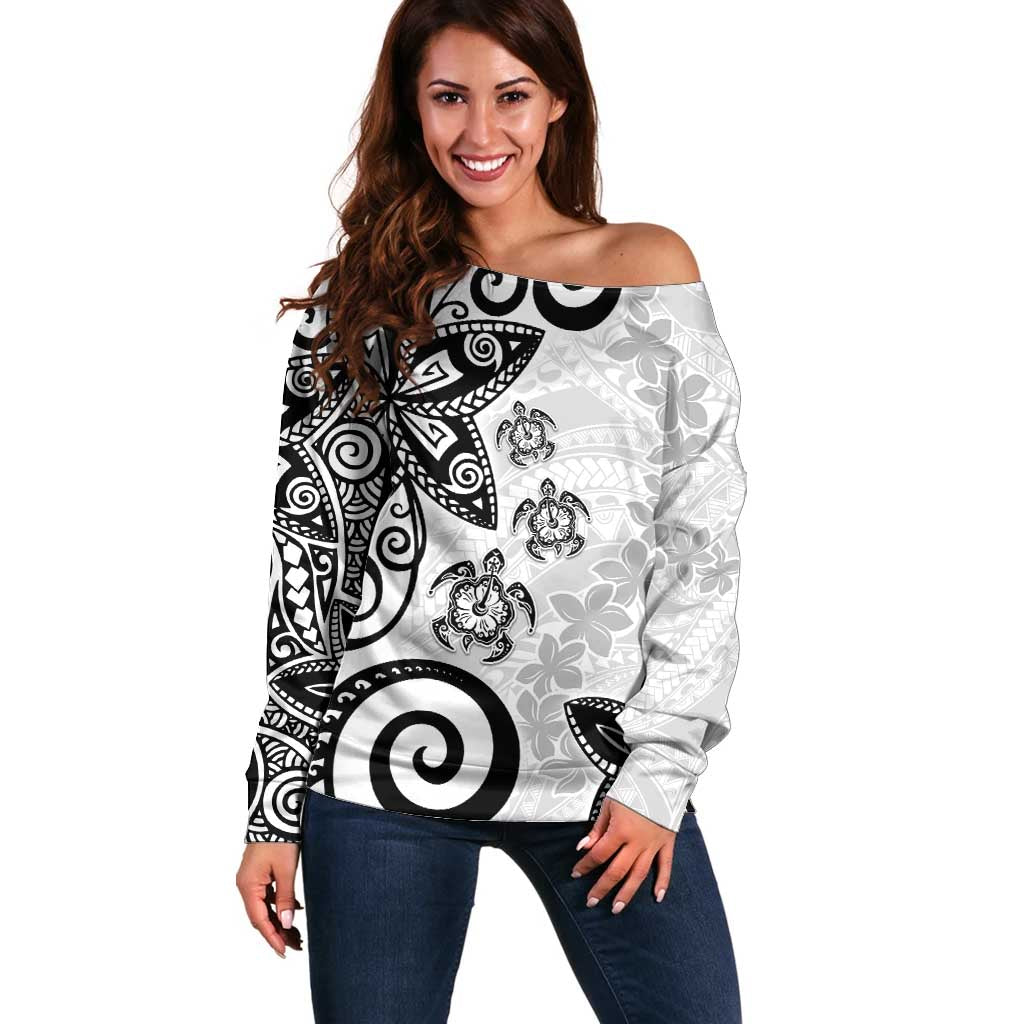 Polynesia Off Shoulder Sweater White Tribal Turtle Floral Pattern LT05 Women White - Polynesian Pride