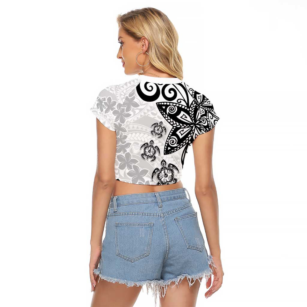 Polynesia Raglan Cropped T Shirt White Tribal Turtle Floral Pattern