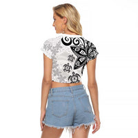 Polynesia Raglan Cropped T Shirt White Tribal Turtle Floral Pattern