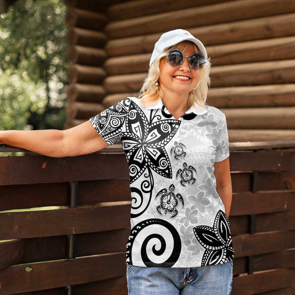 Polynesia Women Polo Shirt White Tribal Turtle Floral Pattern