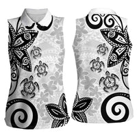 Polynesia Women Sleeveless Polo Shirt White Tribal Turtle Floral Pattern
