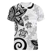 Polynesia Women V-Neck T-Shirt White Tribal Turtle Floral Pattern