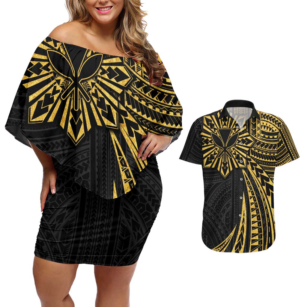 Hawaii And Philippines Couples Matching Off Shoulder Short Dress and Hawaiian Shirt Kanaka Maoli With Tribal Sun Together Gold LT05 Gold - Polynesian Pride
