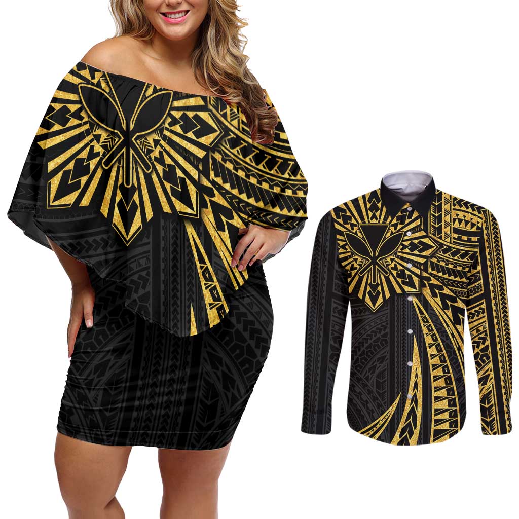 Hawaii And Philippines Couples Matching Off Shoulder Short Dress and Long Sleeve Button Shirt Kanaka Maoli With Tribal Sun Together Gold LT05 Gold - Polynesian Pride