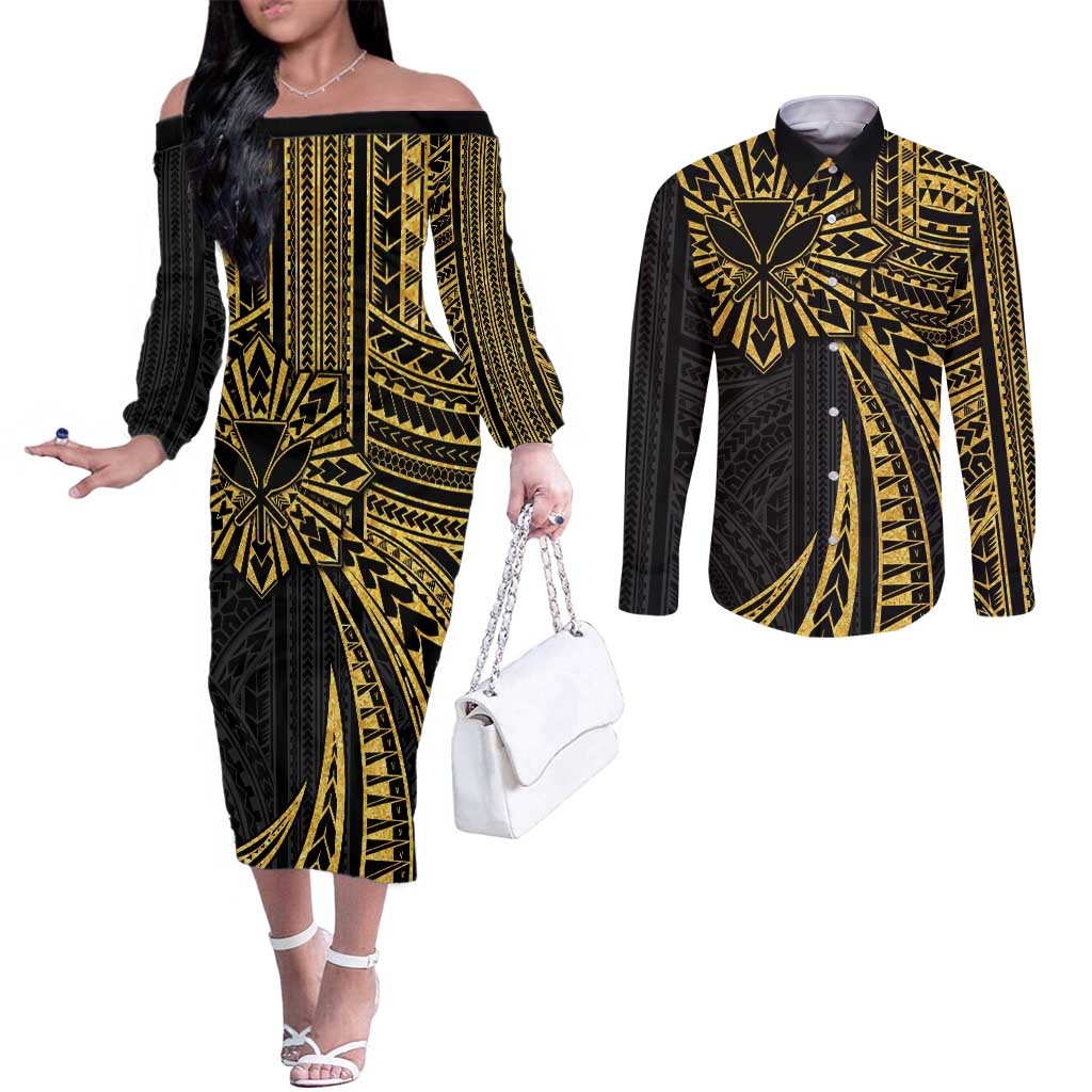 Hawaii And Philippines Couples Matching Off The Shoulder Long Sleeve Dress and Long Sleeve Button Shirt Kanaka Maoli With Tribal Sun Together Gold LT05 Gold - Polynesian Pride