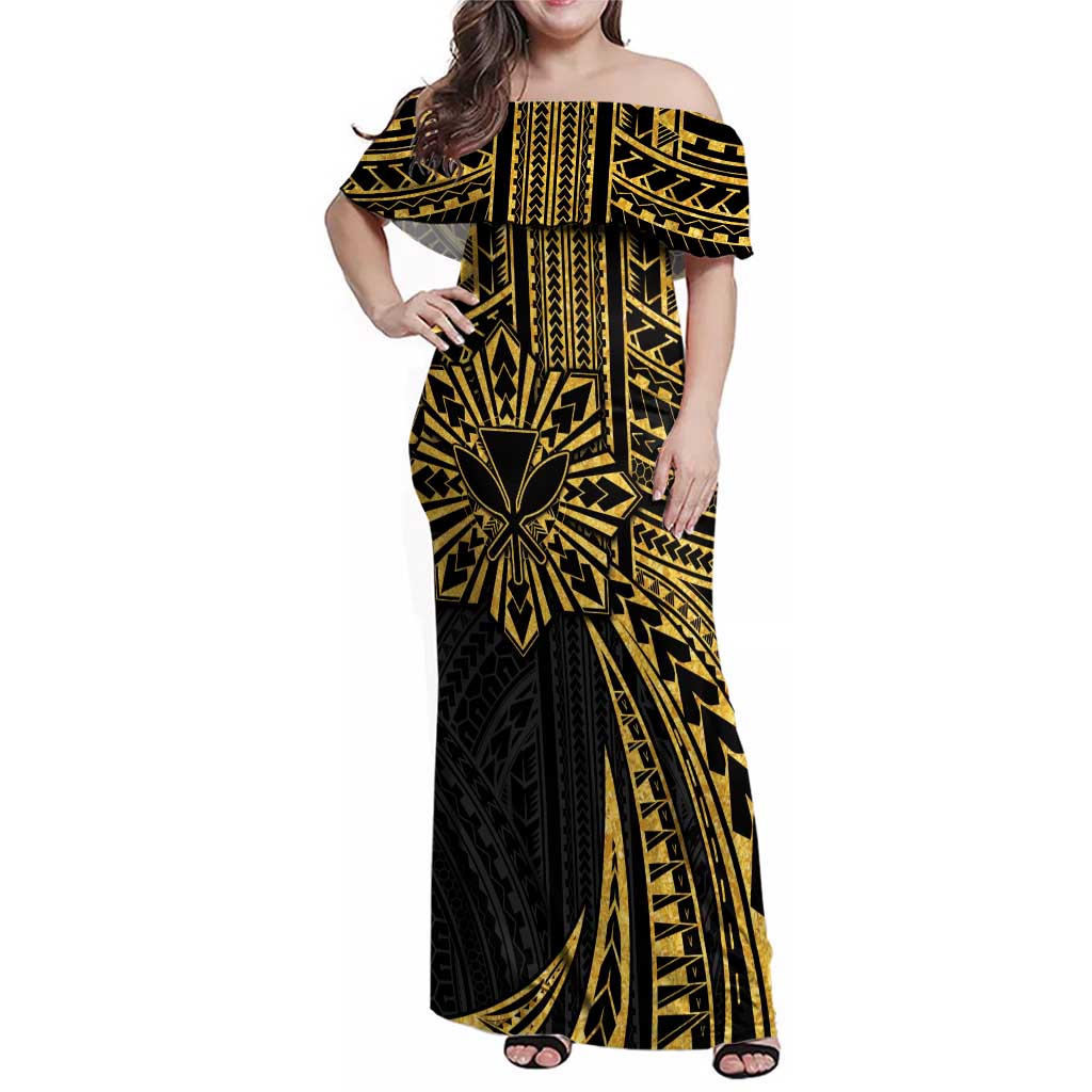 Hawaii And Philippines Family Matching Off Shoulder Maxi Dress and Hawaiian Shirt Kanaka Maoli With Tribal Sun Together Gold
