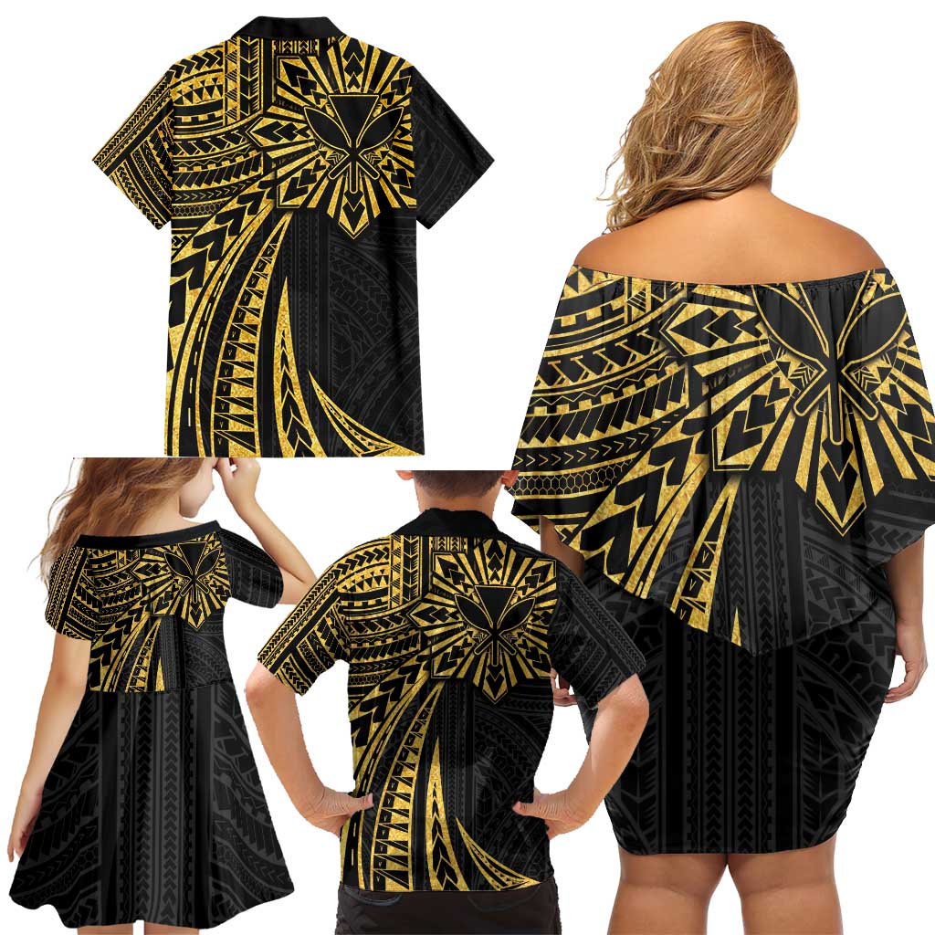 Hawaii And Philippines Family Matching Off Shoulder Short Dress and Hawaiian Shirt Kanaka Maoli With Tribal Sun Together Gold