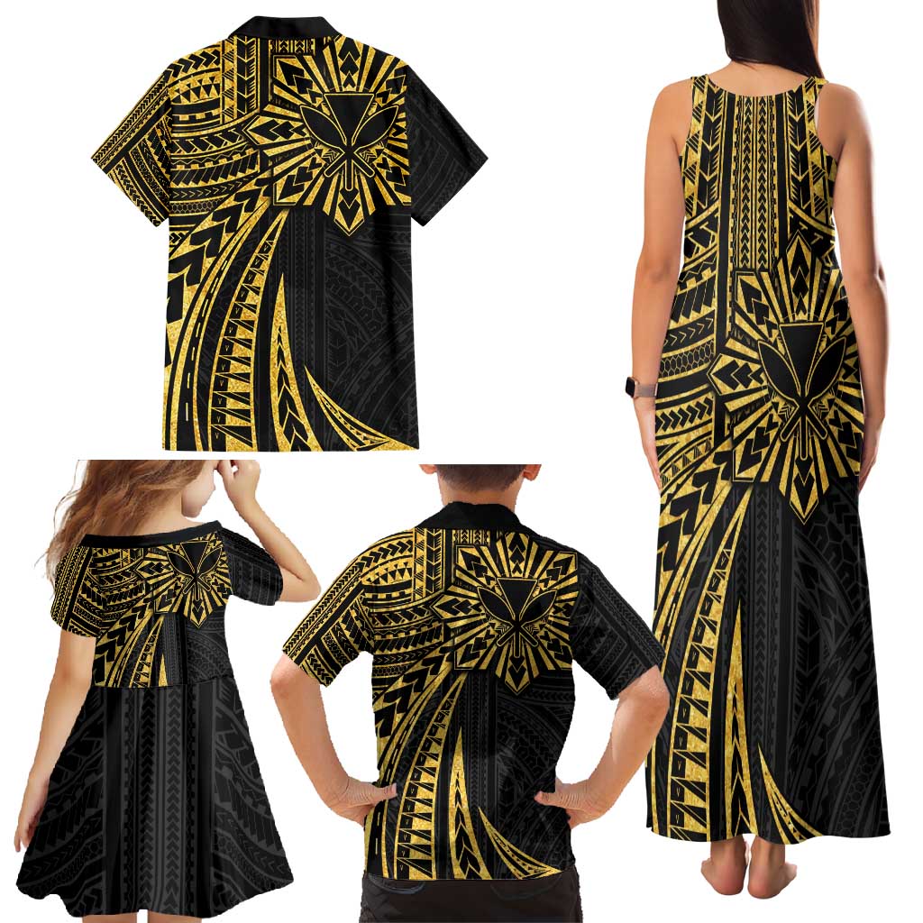 Hawaii And Philippines Family Matching Tank Maxi Dress and Hawaiian Shirt Kanaka Maoli With Tribal Sun Together Gold