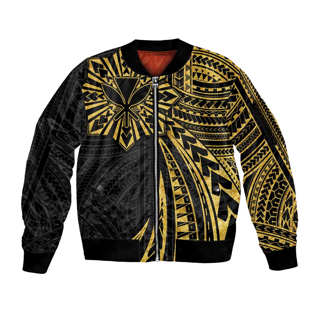 Hawaii And Philippines Sleeve Zip Bomber Jacket Kanaka Maoli With Tribal Sun Together Gold LT05 Unisex Gold - Polynesian Pride