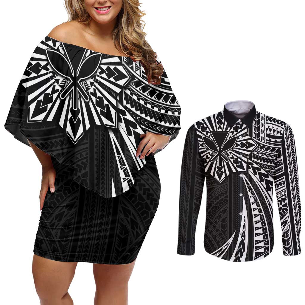 Hawaii And Philippines Couples Matching Off Shoulder Short Dress and Long Sleeve Button Shirt Kanaka Maoli With Tribal Sun Together Black LT05 Black - Polynesian Pride