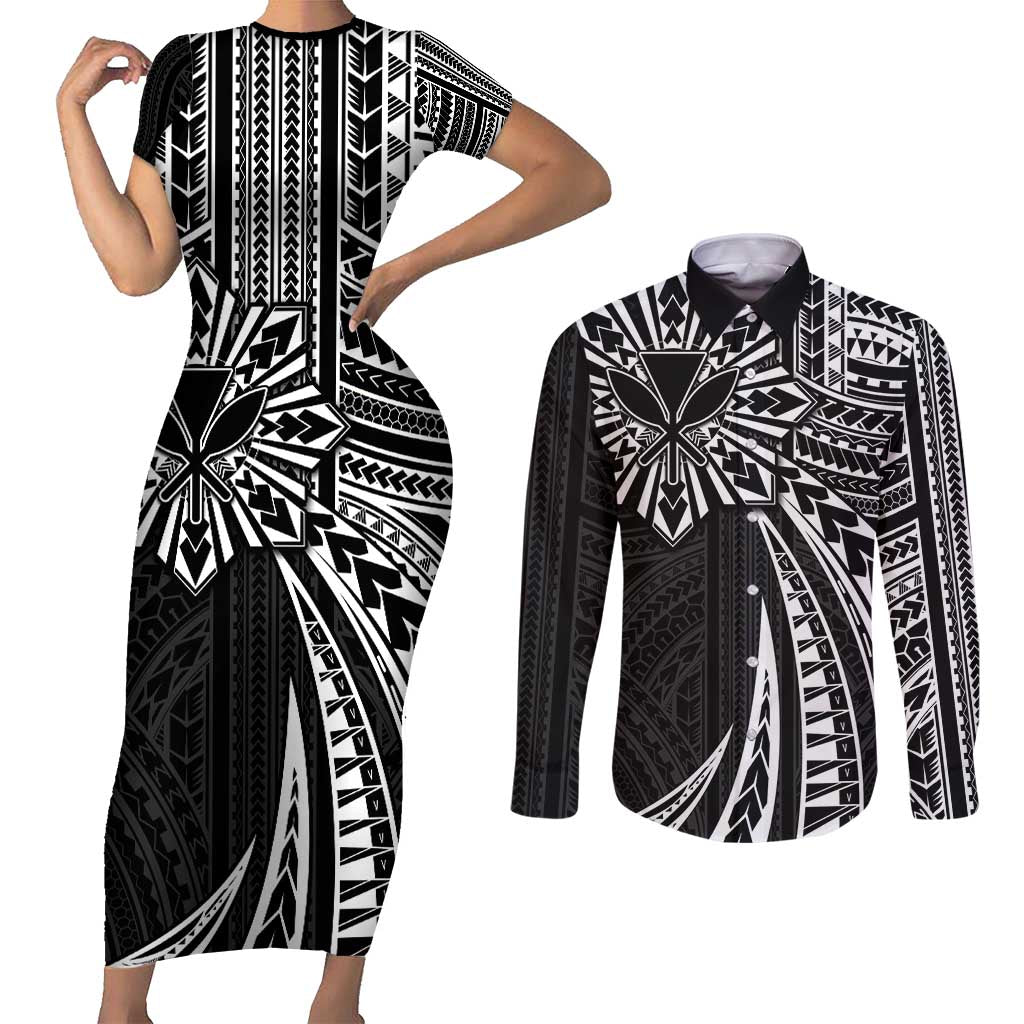 Hawaii And Philippines Couples Matching Short Sleeve Bodycon Dress and Long Sleeve Button Shirt Kanaka Maoli With Tribal Sun Together Black LT05 Black - Polynesian Pride