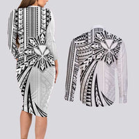 Hawaii And Philippines Couples Matching Long Sleeve Bodycon Dress and Long Sleeve Button Shirt Kanaka Maoli With Tribal Sun Together White
