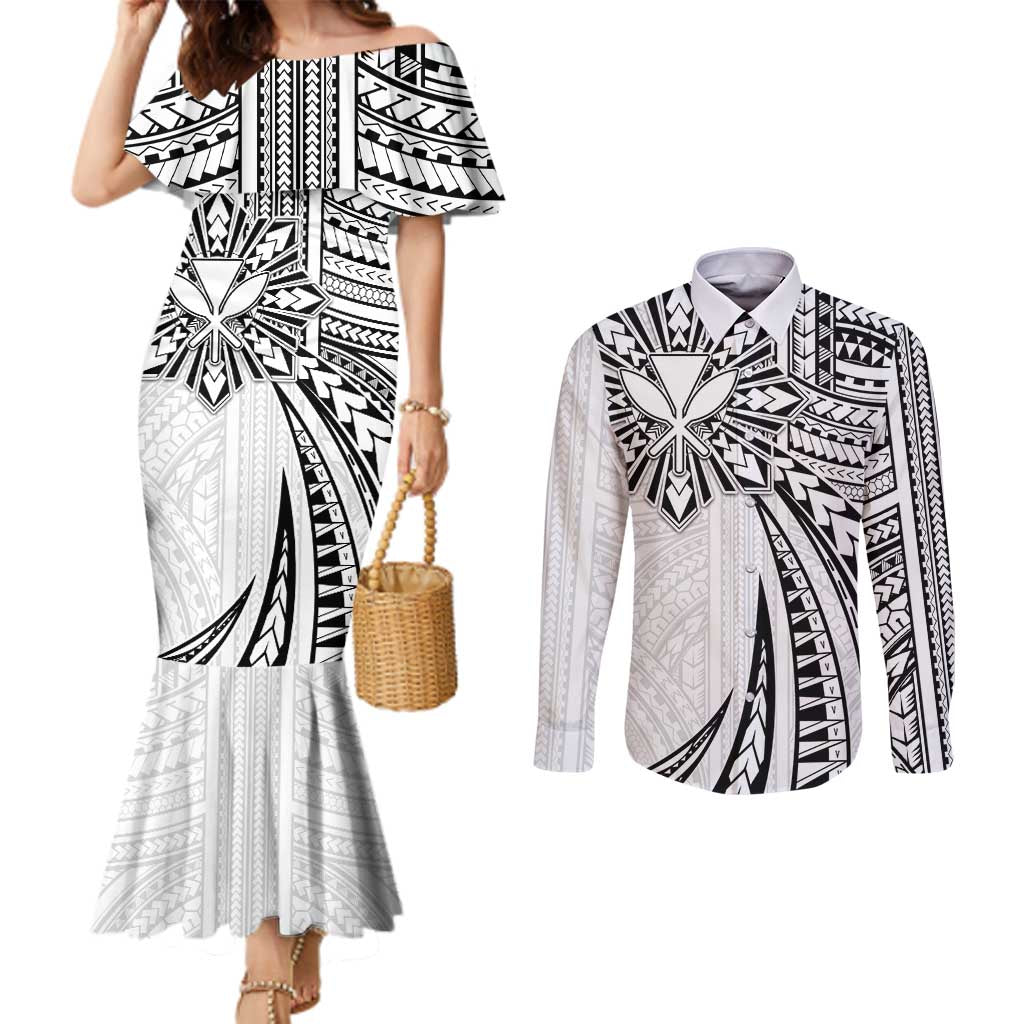 Hawaii And Philippines Couples Matching Mermaid Dress and Long Sleeve Button Shirt Kanaka Maoli With Tribal Sun Together White LT05 White - Polynesian Pride