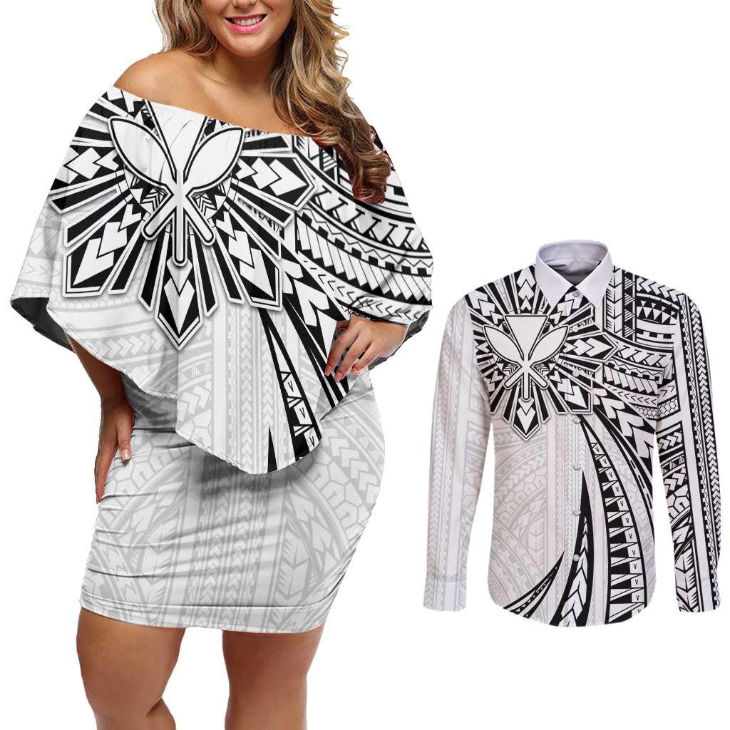 Hawaii And Philippines Couples Matching Off Shoulder Short Dress and Long Sleeve Button Shirt Kanaka Maoli With Tribal Sun Together White LT05 White - Polynesian Pride