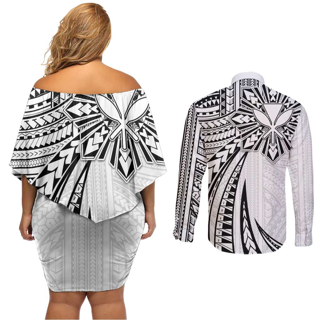 Hawaii And Philippines Couples Matching Off Shoulder Short Dress and Long Sleeve Button Shirt Kanaka Maoli With Tribal Sun Together White