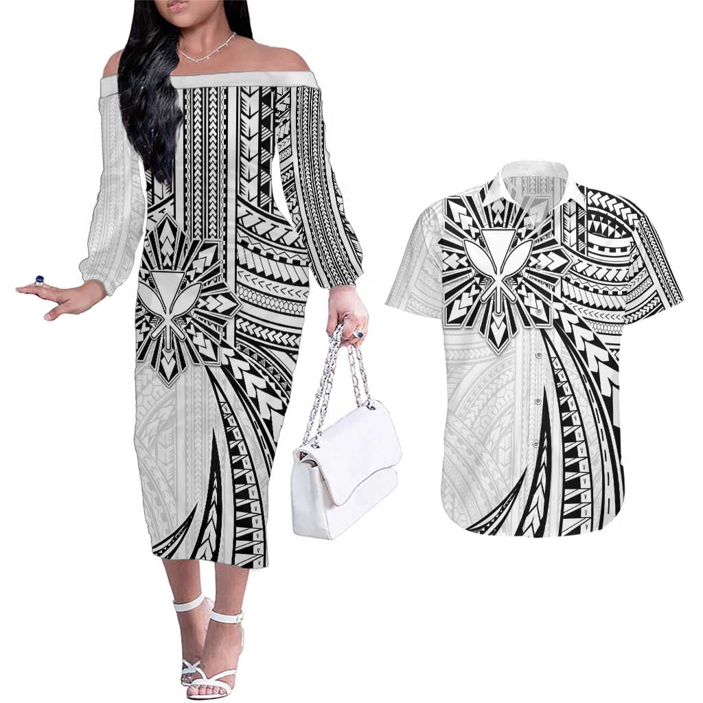 Hawaii And Philippines Couples Matching Off The Shoulder Long Sleeve Dress and Hawaiian Shirt Kanaka Maoli With Tribal Sun Together White LT05 White - Polynesian Pride