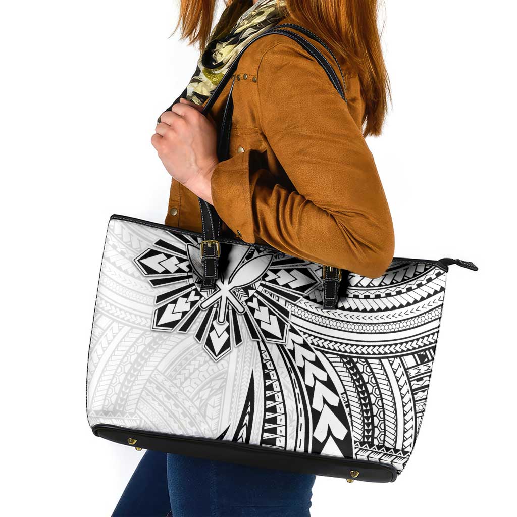 Hawaii And Philippines Leather Tote Bag Kanaka Maoli With Tribal Sun Together White LT05 White - Polynesian Pride