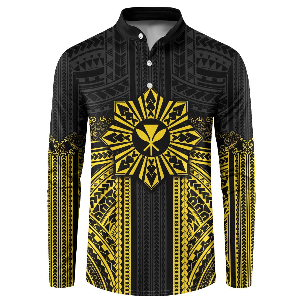 Hawaii And Philippines Together Button Sweatshirt Polynesian Pattern With Filipino Barong Gold LT05 Gold - Polynesian Pride
