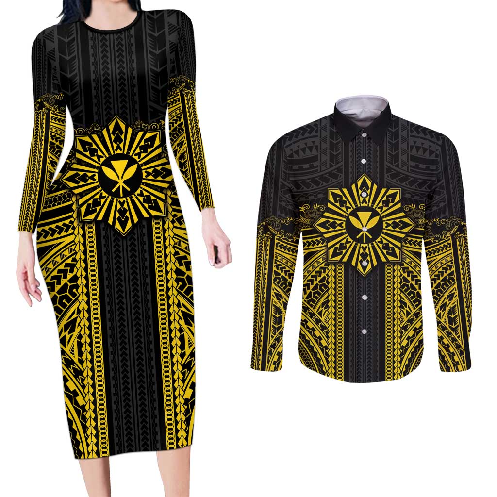 Hawaii And Philippines Together Couples Matching Long Sleeve Bodycon Dress and Long Sleeve Button Shirt Polynesian Pattern With Filipino Barong Gold LT05 Gold - Polynesian Pride