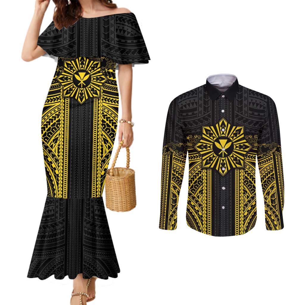 Hawaii And Philippines Together Couples Matching Mermaid Dress and Long Sleeve Button Shirt Polynesian Pattern With Filipino Barong Gold LT05 Gold - Polynesian Pride