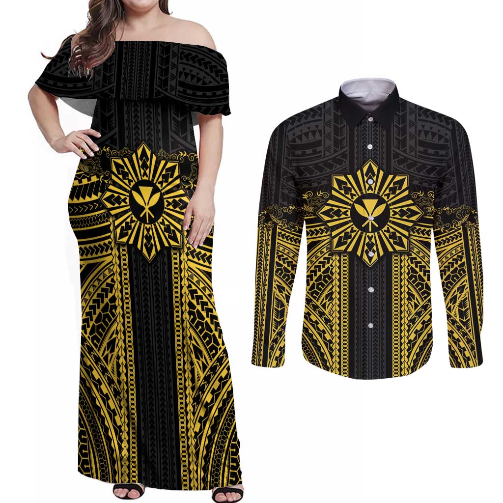 Hawaii And Philippines Together Couples Matching Off Shoulder Maxi Dress and Long Sleeve Button Shirt Polynesian Pattern With Filipino Barong Gold LT05 Gold - Polynesian Pride