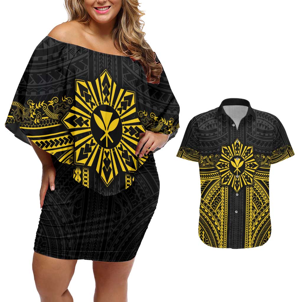 Hawaii And Philippines Together Couples Matching Off Shoulder Short Dress and Hawaiian Shirt Polynesian Pattern With Filipino Barong Gold LT05 Gold - Polynesian Pride