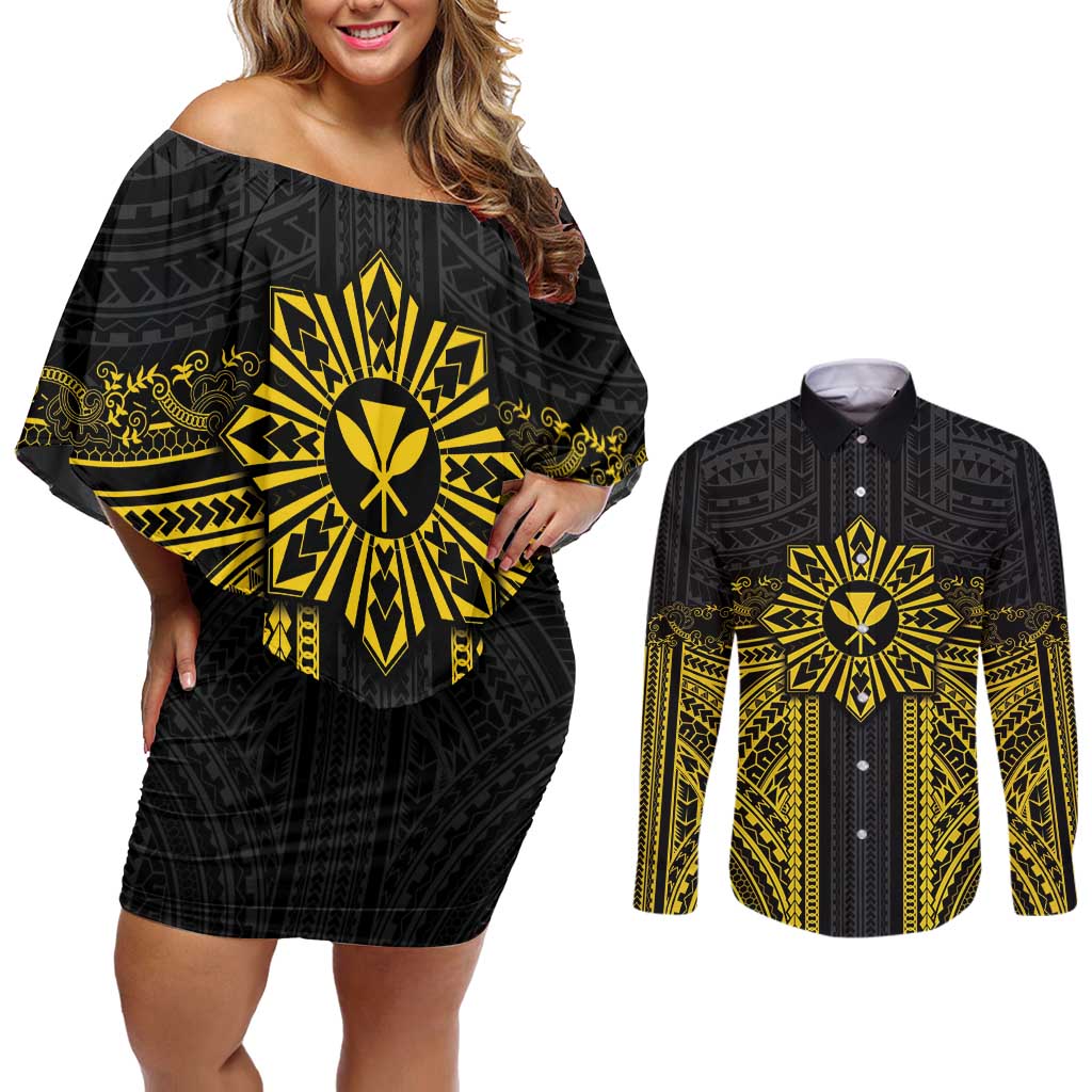 Hawaii And Philippines Together Couples Matching Off Shoulder Short Dress and Long Sleeve Button Shirt Polynesian Pattern With Filipino Barong Gold LT05 Gold - Polynesian Pride