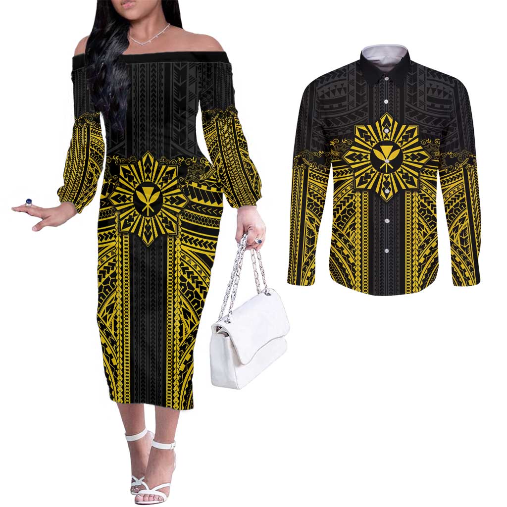 Hawaii And Philippines Together Couples Matching Off The Shoulder Long Sleeve Dress and Long Sleeve Button Shirt Polynesian Pattern With Filipino Barong Gold LT05 Gold - Polynesian Pride