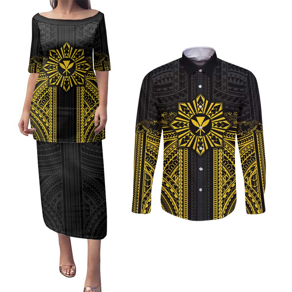 Hawaii And Philippines Together Couples Matching Puletasi and Long Sleeve Button Shirt Polynesian Pattern With Filipino Barong Gold LT05 Gold - Polynesian Pride