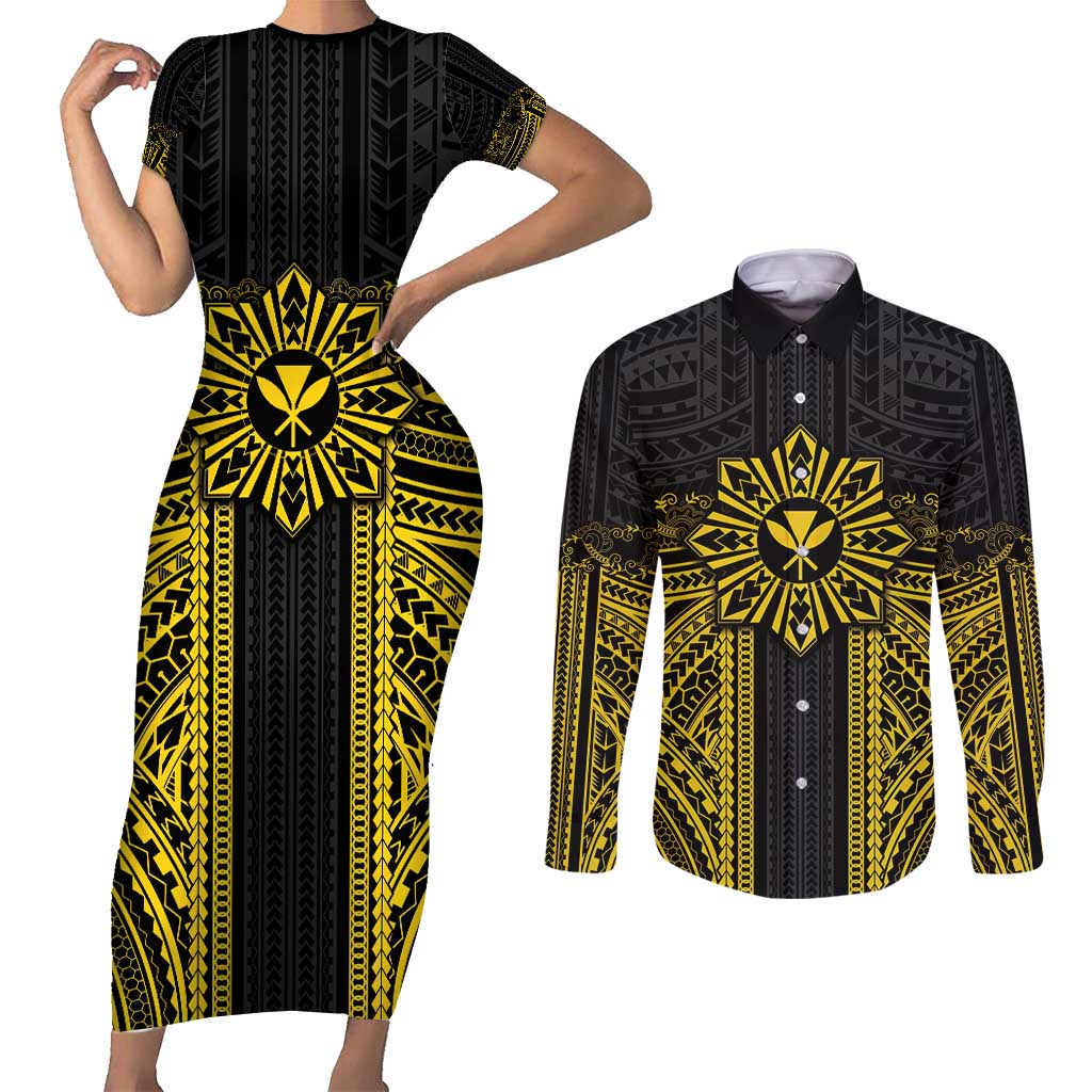 Hawaii And Philippines Together Couples Matching Short Sleeve Bodycon Dress and Long Sleeve Button Shirt Polynesian Pattern With Filipino Barong Gold LT05 Gold - Polynesian Pride