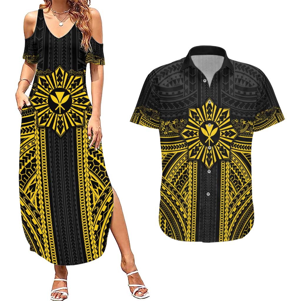 Hawaii And Philippines Together Couples Matching Summer Maxi Dress and Hawaiian Shirt Polynesian Pattern With Filipino Barong Gold LT05 Gold - Polynesian Pride