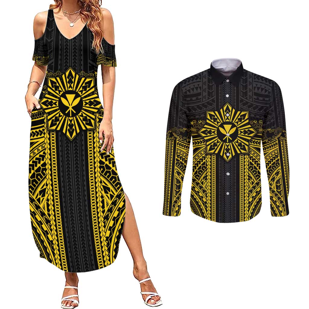 Hawaii And Philippines Together Couples Matching Summer Maxi Dress and Long Sleeve Button Shirt Polynesian Pattern With Filipino Barong Gold LT05 Gold - Polynesian Pride