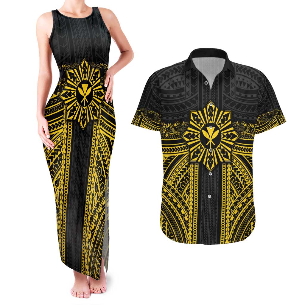 Hawaii And Philippines Together Couples Matching Tank Maxi Dress and Hawaiian Shirt Polynesian Pattern With Filipino Barong Gold LT05 Gold - Polynesian Pride