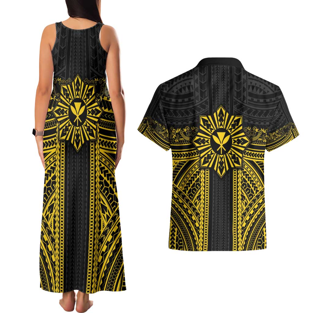 Hawaii And Philippines Together Couples Matching Tank Maxi Dress and Hawaiian Shirt Polynesian Pattern With Filipino Barong Gold LT05 - Polynesian Pride