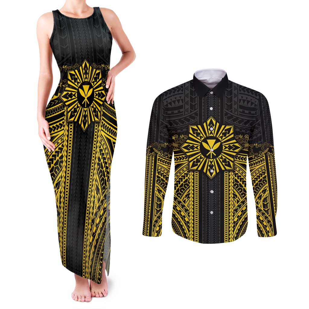Hawaii And Philippines Together Couples Matching Tank Maxi Dress and Long Sleeve Button Shirt Polynesian Pattern With Filipino Barong Gold LT05 Gold - Polynesian Pride