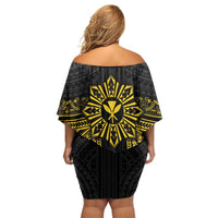 Hawaii And Philippines Together Family Matching Off Shoulder Short Dress and Hawaiian Shirt Polynesian Pattern With Filipino Barong Gold