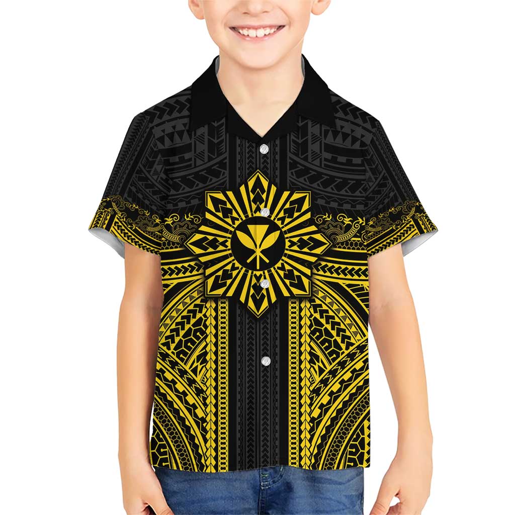 Hawaii And Philippines Together Family Matching Short Sleeve Bodycon Dress and Hawaiian Shirt Polynesian Pattern With Filipino Barong Gold