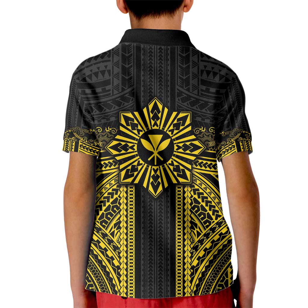 Hawaii And Philippines Together Kid Polo Shirt Polynesian Pattern With Filipino Barong Gold