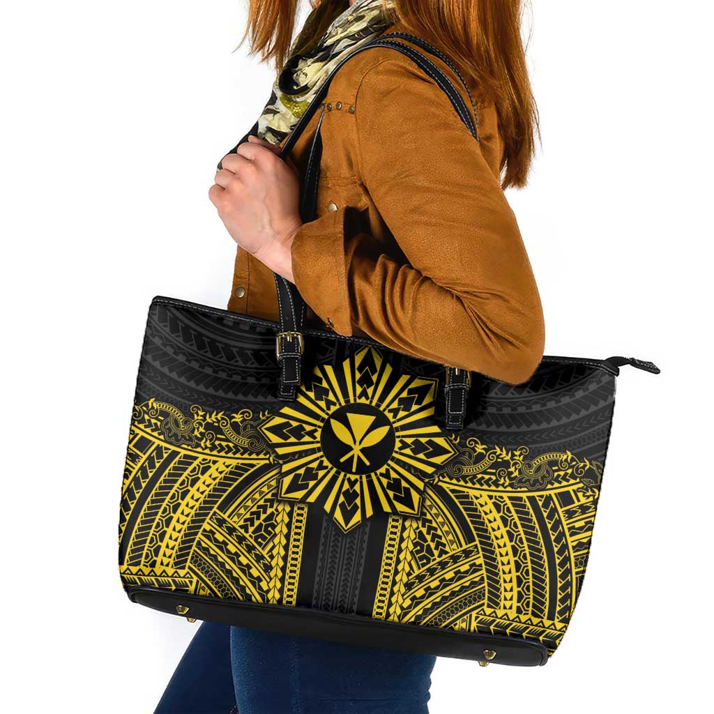 Hawaii And Philippines Together Leather Tote Bag Polynesian Pattern With Filipino Barong Gold LT05 Gold - Polynesian Pride