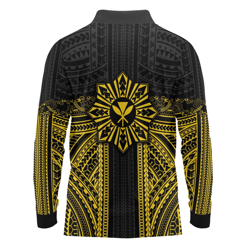 Hawaii And Philippines Together Long Sleeve Polo Shirt Polynesian Pattern With Filipino Barong Gold