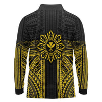 Hawaii And Philippines Together Long Sleeve Polo Shirt Polynesian Pattern With Filipino Barong Gold
