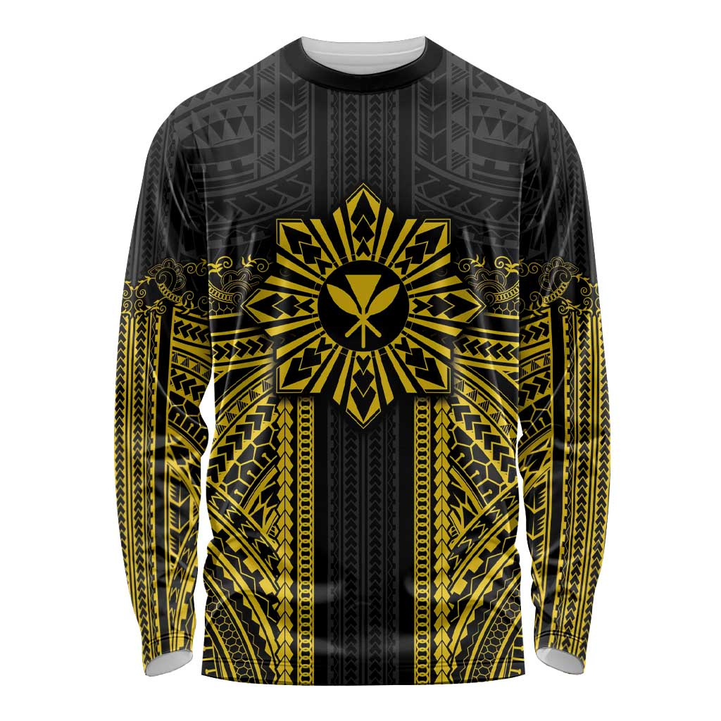 Hawaii And Philippines Together Long Sleeve Shirt Polynesian Pattern With Filipino Barong Gold LT05 Unisex Gold - Polynesian Pride