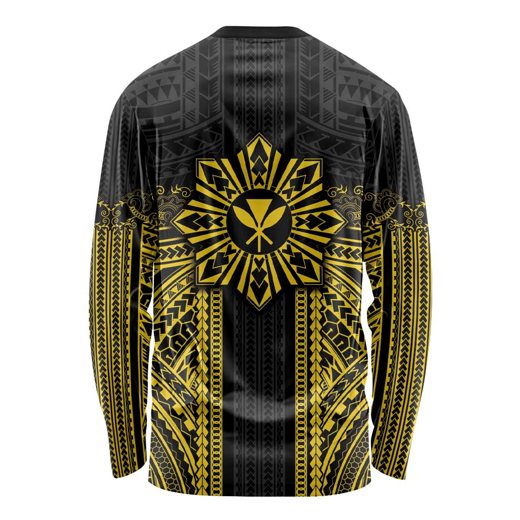 Hawaii And Philippines Together Long Sleeve Shirt Polynesian Pattern With Filipino Barong Gold LT05 - Polynesian Pride